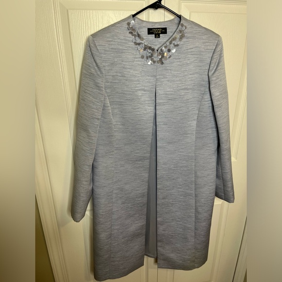Tahari Arthur S. Levine LUXE Embellished Collar Heathered Blue Long Jacket Sz 12 - Picture 2 of 7